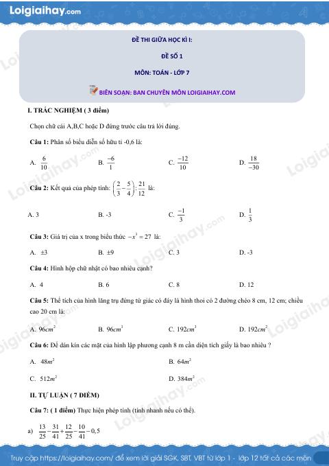 Đề thi giữa kì 1 Toán 7 - Đề số 1